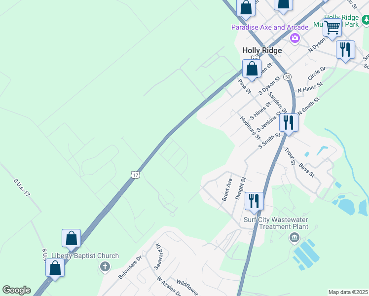 map of restaurants, bars, coffee shops, grocery stores, and more near 111 Sages Ridge Drive in Holly Ridge