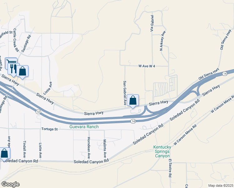map of restaurants, bars, coffee shops, grocery stores, and more near San Gabriel Avenue in Acton