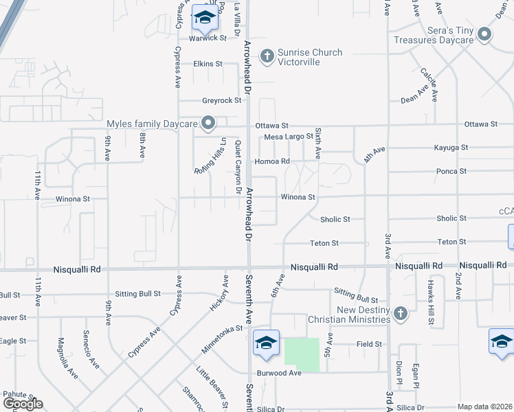 map of restaurants, bars, coffee shops, grocery stores, and more near 16124 Holly Ridge Court in Victorville