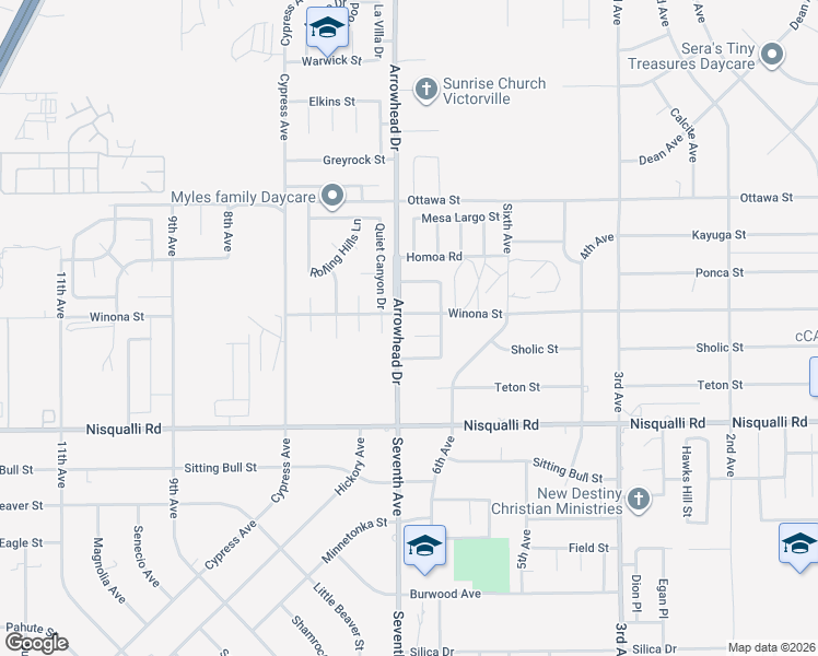 map of restaurants, bars, coffee shops, grocery stores, and more near 16124 Holly Ridge Court in Victorville
