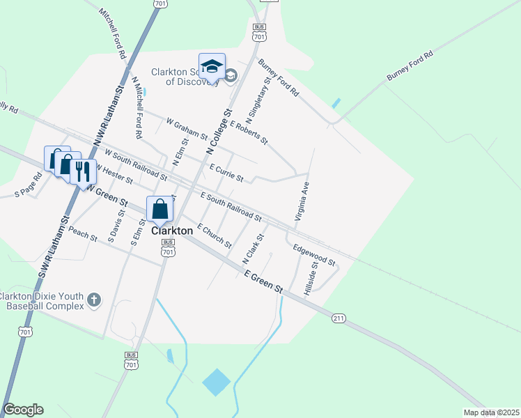 map of restaurants, bars, coffee shops, grocery stores, and more near 251 East North Railroad Street in Clarkton