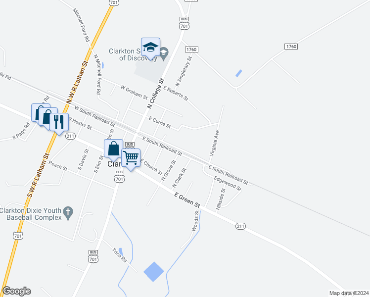 map of restaurants, bars, coffee shops, grocery stores, and more near 251 East North Railroad Street in Clarkton