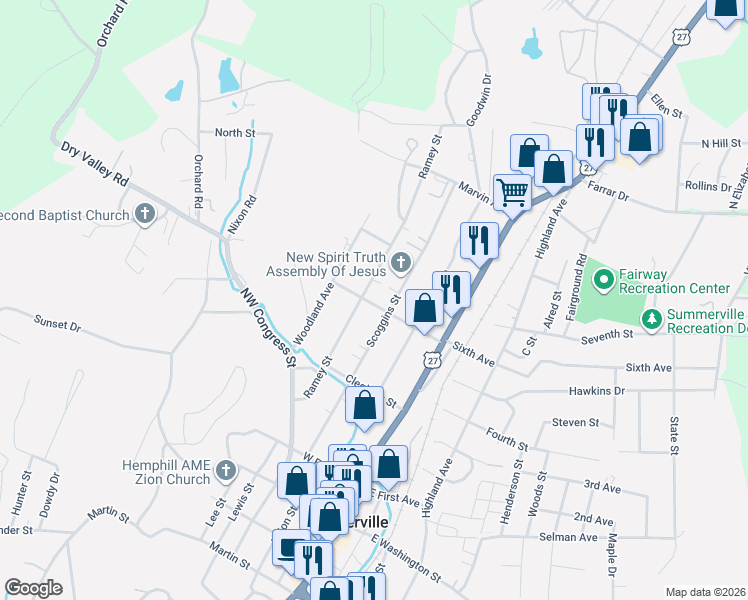 map of restaurants, bars, coffee shops, grocery stores, and more near 525 Ramey Street in Summerville