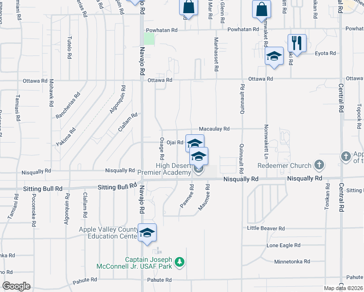 map of restaurants, bars, coffee shops, grocery stores, and more near 13004 Pawnee Road in Apple Valley