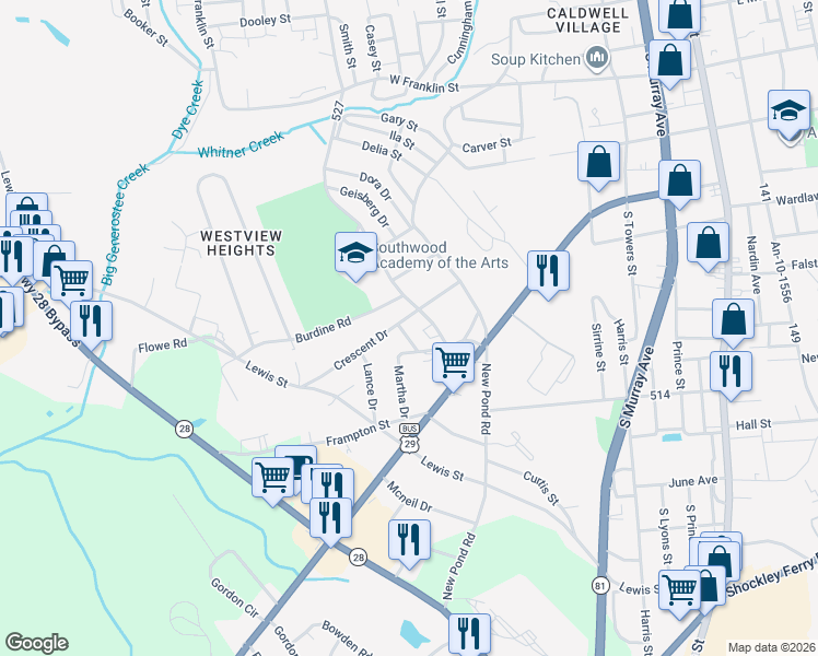 map of restaurants, bars, coffee shops, grocery stores, and more near 610 Martha Drive in Anderson