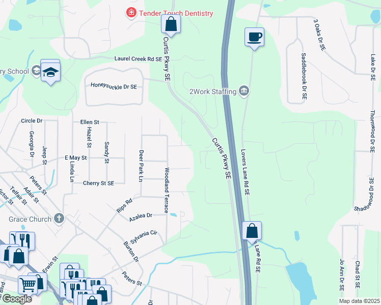 map of restaurants, bars, coffee shops, grocery stores, and more near 111 Sylvan Drive in Calhoun