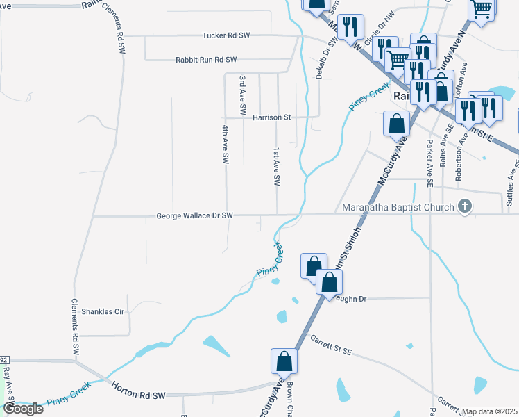 map of restaurants, bars, coffee shops, grocery stores, and more near 380 George Wallace Drive Southwest in Rainsville