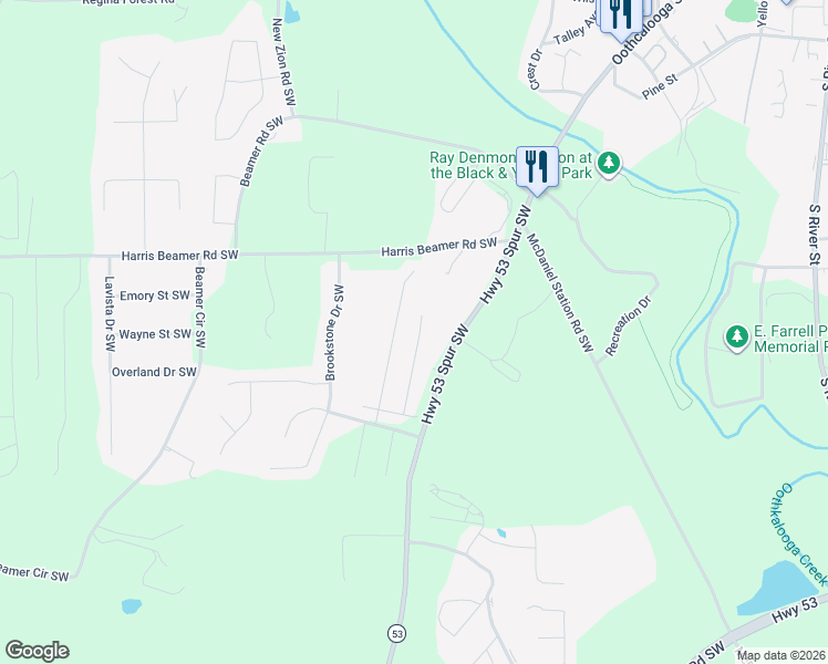 map of restaurants, bars, coffee shops, grocery stores, and more near 133 Regency Row Southwest in Calhoun