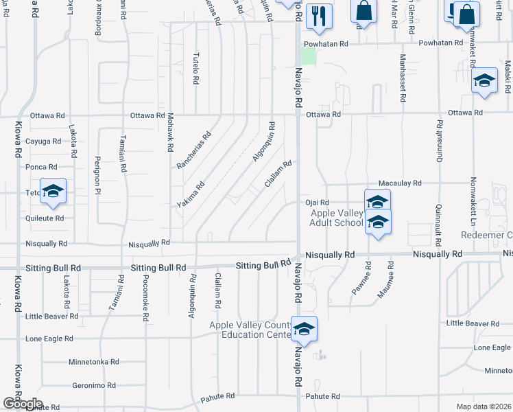 map of restaurants, bars, coffee shops, grocery stores, and more near 13045 Clallam Road in Apple Valley