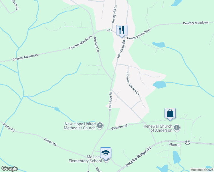 map of restaurants, bars, coffee shops, grocery stores, and more near 401 New Hope Road in Anderson