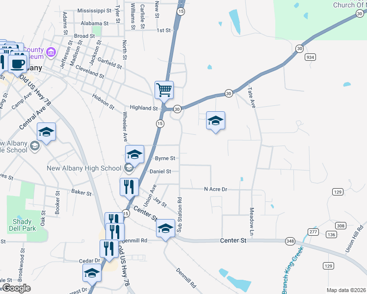 map of restaurants, bars, coffee shops, grocery stores, and more near 900-1098 Prince Boulevard in New Albany