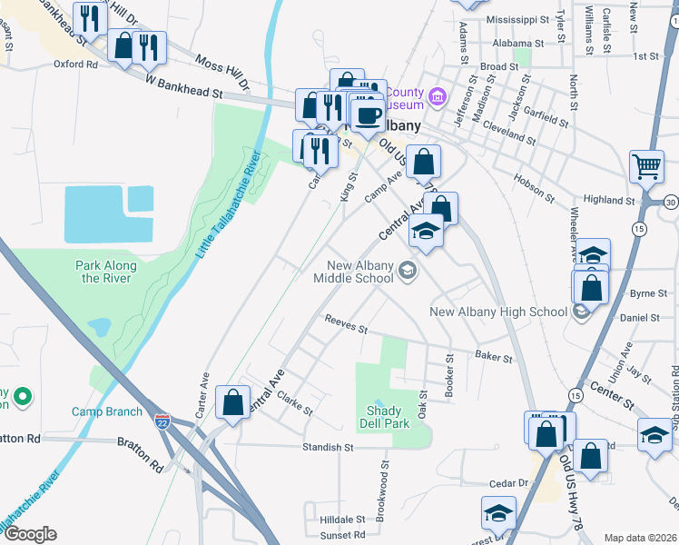map of restaurants, bars, coffee shops, grocery stores, and more near 401-499 Central Avenue in New Albany