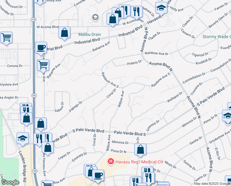 map of restaurants, bars, coffee shops, grocery stores, and more near 420 Coral Drive in Lake Havasu City