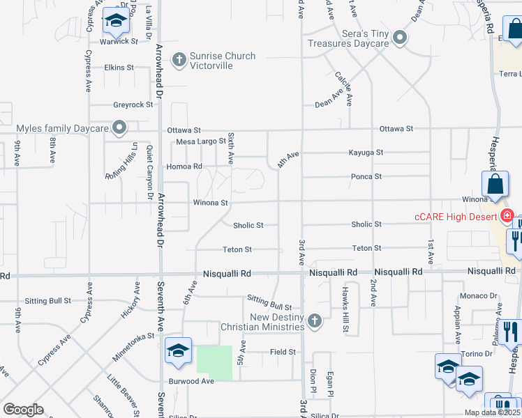 map of restaurants, bars, coffee shops, grocery stores, and more near Winona Street in Victorville