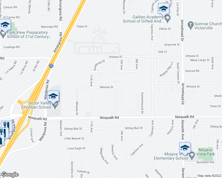 map of restaurants, bars, coffee shops, grocery stores, and more near 13054 Whispering Creek Way in Victorville