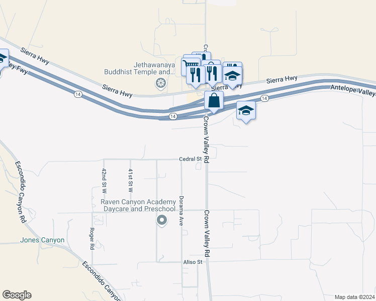 map of restaurants, bars, coffee shops, grocery stores, and more near Crown Valley Road in Acton