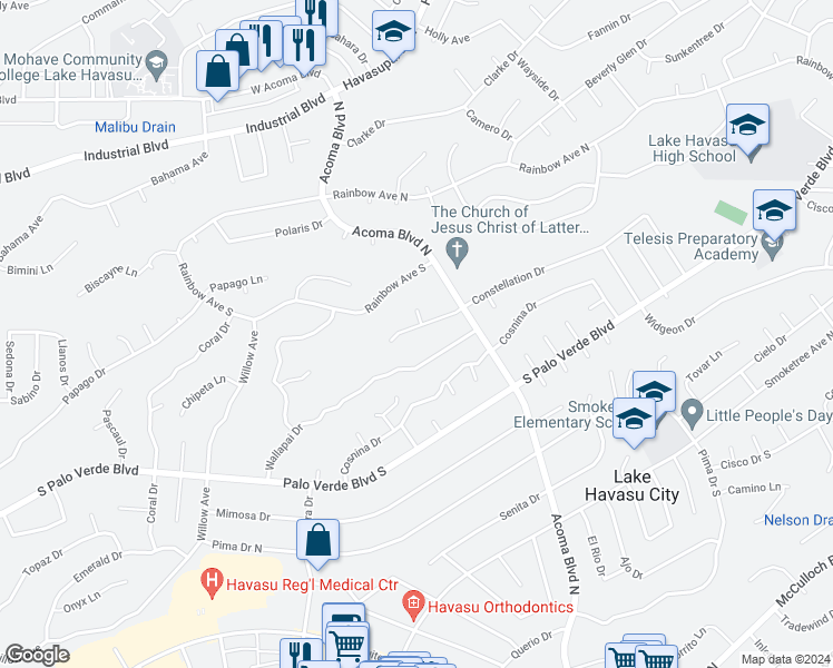 map of restaurants, bars, coffee shops, grocery stores, and more near 2170 Constellation Lane in Lake Havasu City