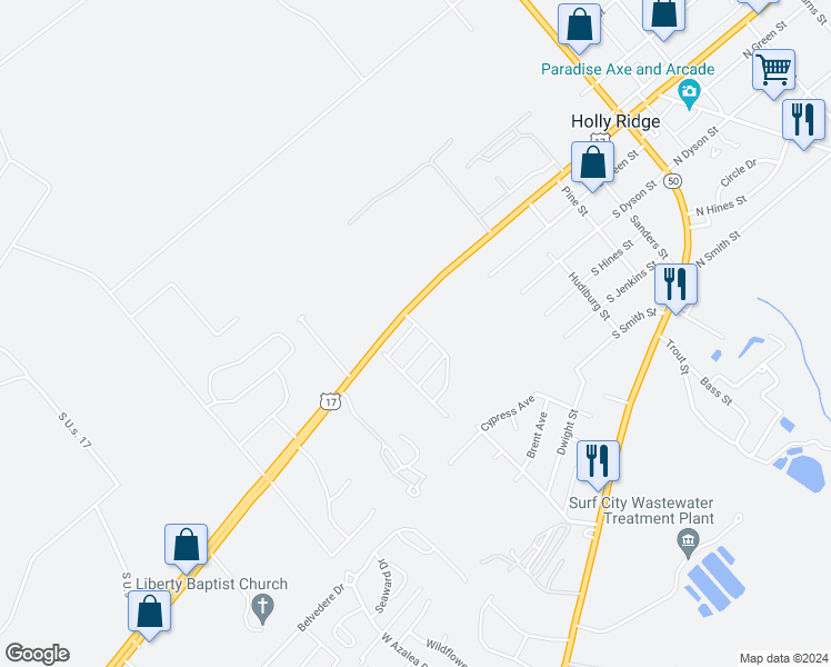 map of restaurants, bars, coffee shops, grocery stores, and more near 201 Oak Ridge Lane in Holly Ridge
