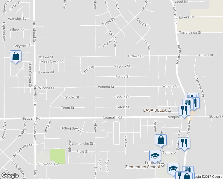 map of restaurants, bars, coffee shops, grocery stores, and more near 16609 Winona Street in Victorville