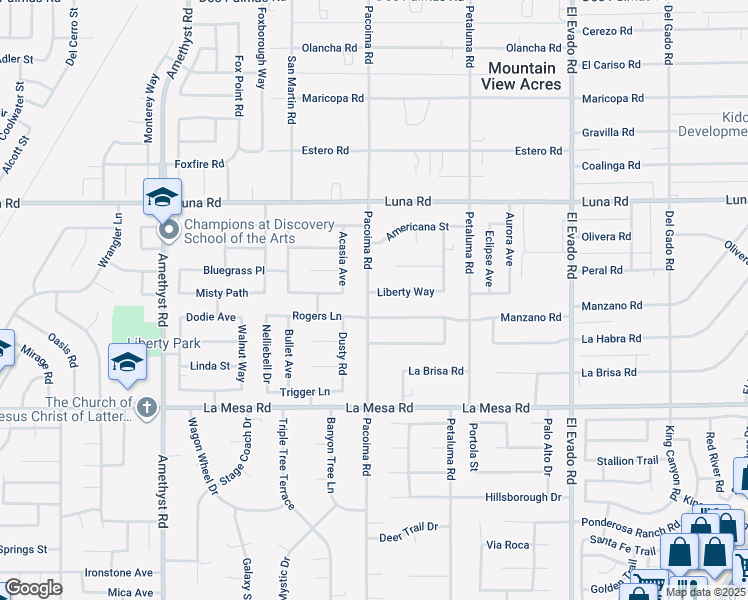 map of restaurants, bars, coffee shops, grocery stores, and more near 14111 Liberty Way in Victorville