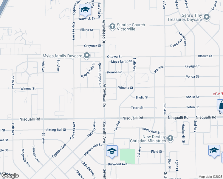 map of restaurants, bars, coffee shops, grocery stores, and more near 16147 Winona Street in Victorville