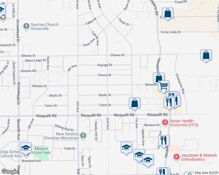 map of restaurants, bars, coffee shops, grocery stores, and more near 16707 Winona Street in Victorville