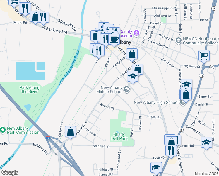 map of restaurants, bars, coffee shops, grocery stores, and more near 300 Oak Street in New Albany