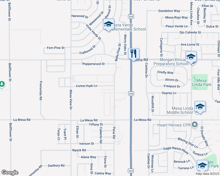 map of restaurants, bars, coffee shops, grocery stores, and more near 11975 Forest Park Lane in Victorville