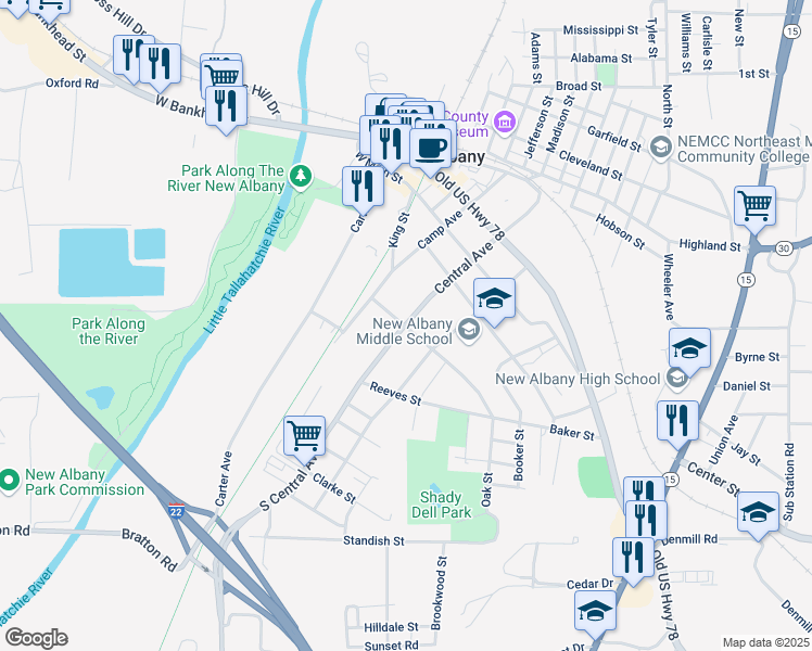 map of restaurants, bars, coffee shops, grocery stores, and more near 299 Oak St in New Albany