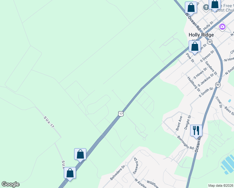 map of restaurants, bars, coffee shops, grocery stores, and more near 158 Beacon Woods Drive in Holly Ridge