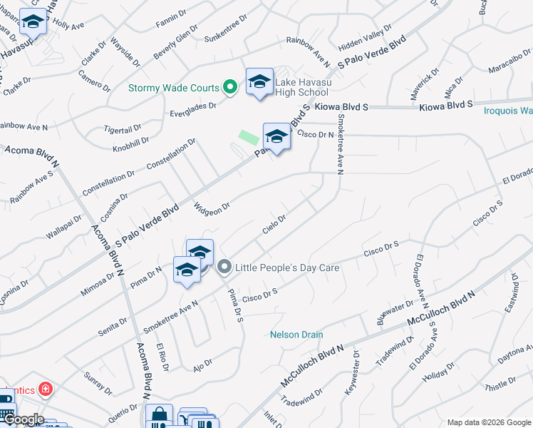 map of restaurants, bars, coffee shops, grocery stores, and more near 2541 Skipper Lane in Lake Havasu City