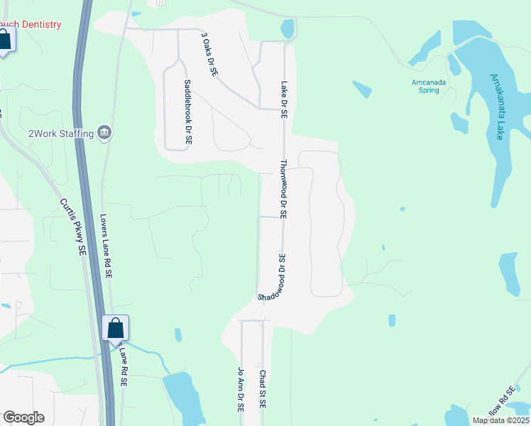 map of restaurants, bars, coffee shops, grocery stores, and more near 158 Shadowood Drive Southeast in Calhoun