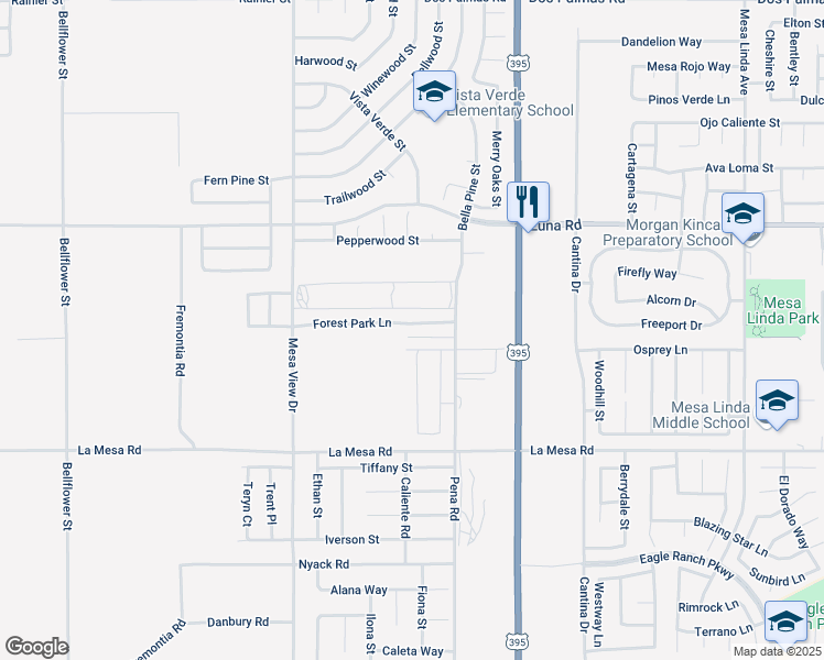 map of restaurants, bars, coffee shops, grocery stores, and more near 11923 Forest Park Lane in Victorville