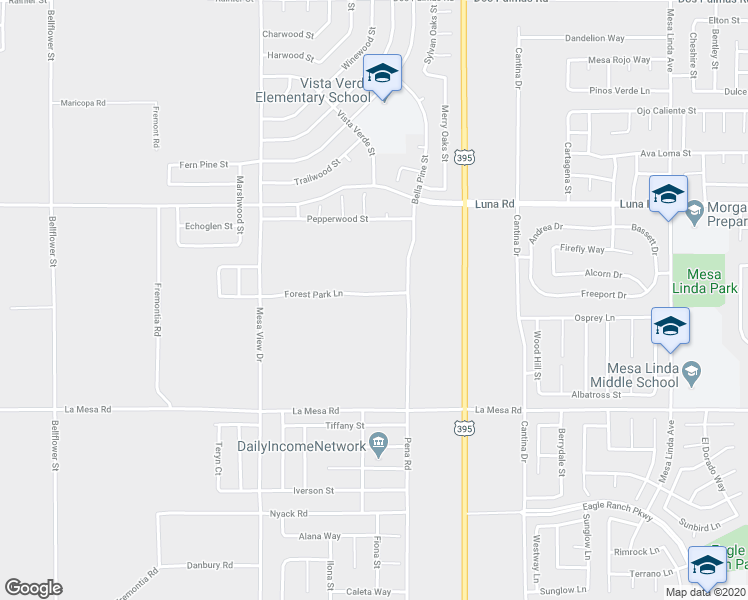 map of restaurants, bars, coffee shops, grocery stores, and more near 11935 Forest Park Lane in Victorville