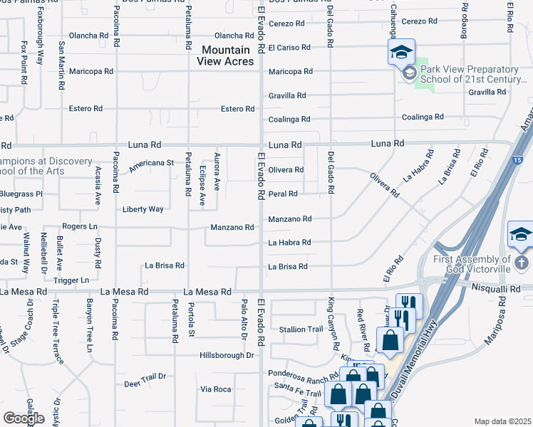 map of restaurants, bars, coffee shops, grocery stores, and more near 14512 Manzano Road in Victorville