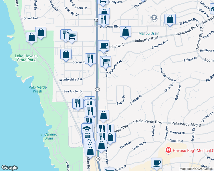 map of restaurants, bars, coffee shops, grocery stores, and more near 500 North Lake Havasu Avenue in Lake Havasu City