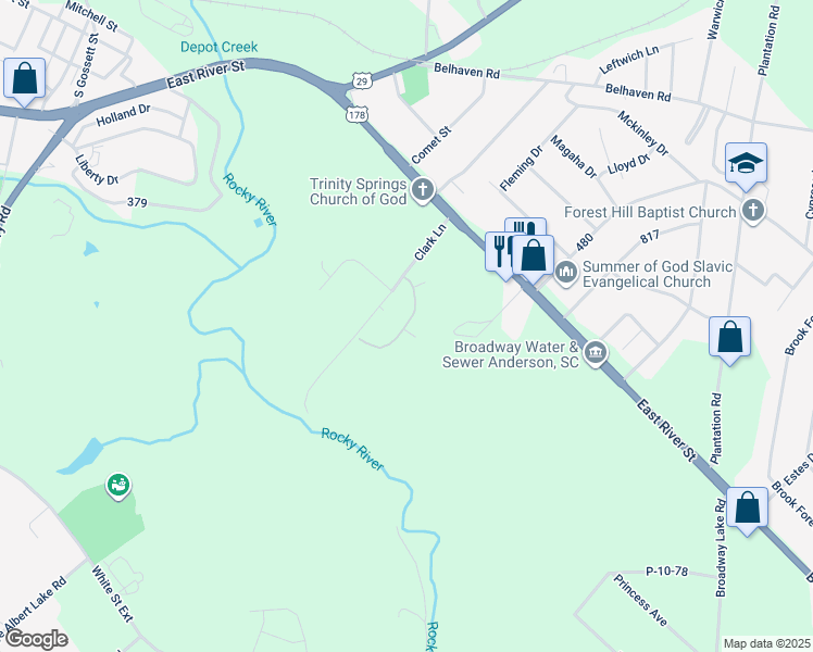 map of restaurants, bars, coffee shops, grocery stores, and more near 405 Clark Lane in Anderson