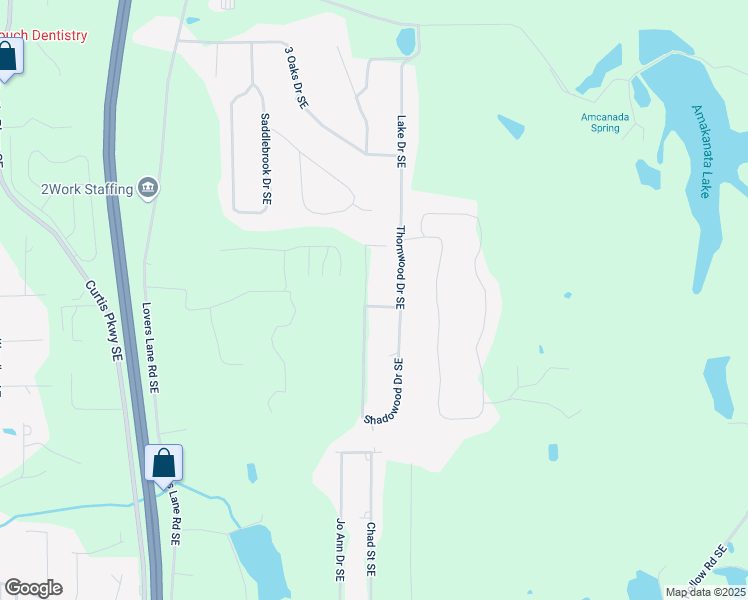 map of restaurants, bars, coffee shops, grocery stores, and more near 158 Shadowood Drive Southeast in Calhoun