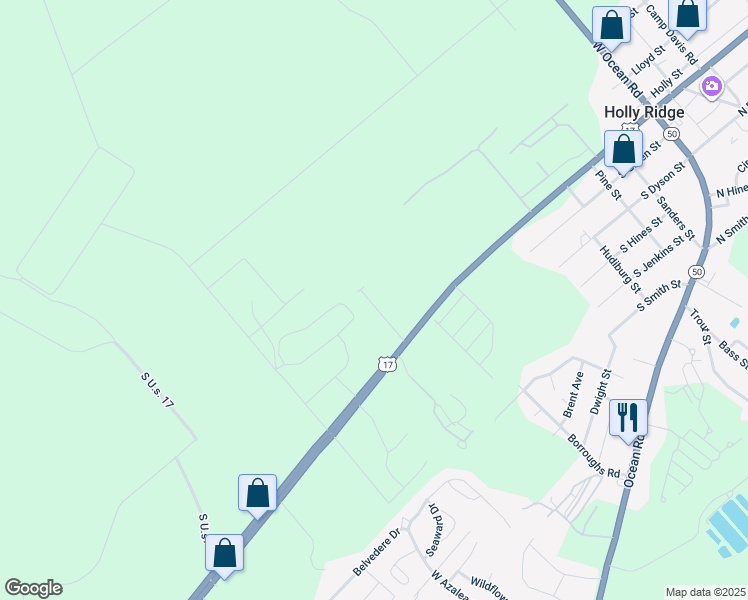 map of restaurants, bars, coffee shops, grocery stores, and more near 144 Beacon Woods Drive in Holly Ridge