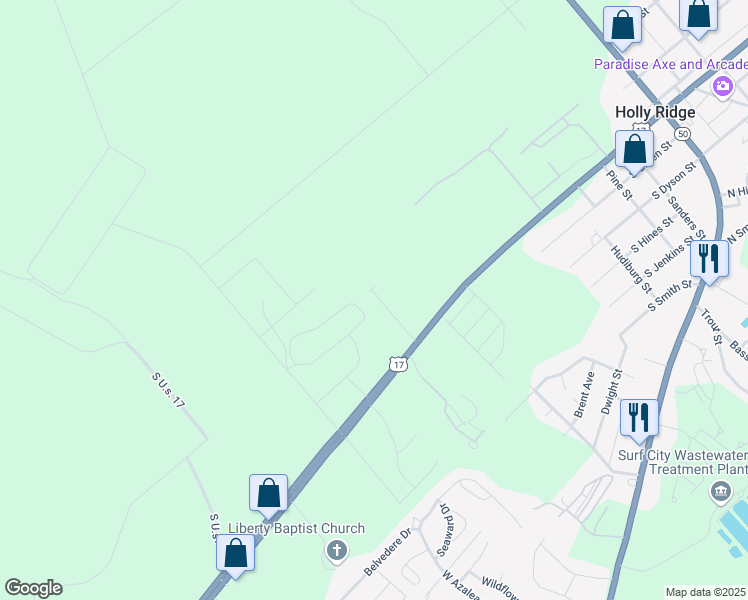 map of restaurants, bars, coffee shops, grocery stores, and more near 155 Beacon Woods Drive in Holly Ridge