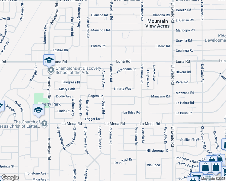 map of restaurants, bars, coffee shops, grocery stores, and more near 14111 Liberty Way in Victorville