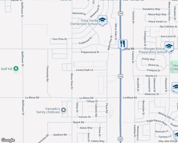 map of restaurants, bars, coffee shops, grocery stores, and more near 11843 Forest Park Lane in Victorville