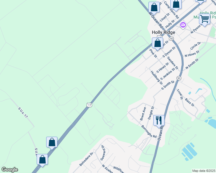 map of restaurants, bars, coffee shops, grocery stores, and more near 202 Oak Ridge Lane in Holly Ridge