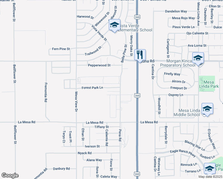 map of restaurants, bars, coffee shops, grocery stores, and more near 11947 Forest Park Lane in Victorville