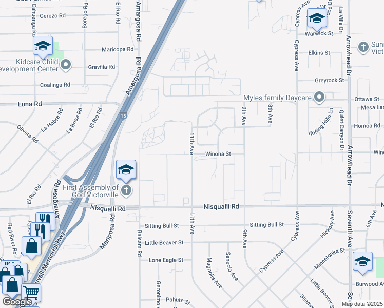 map of restaurants, bars, coffee shops, grocery stores, and more near 13300 11th Avenue in Victorville
