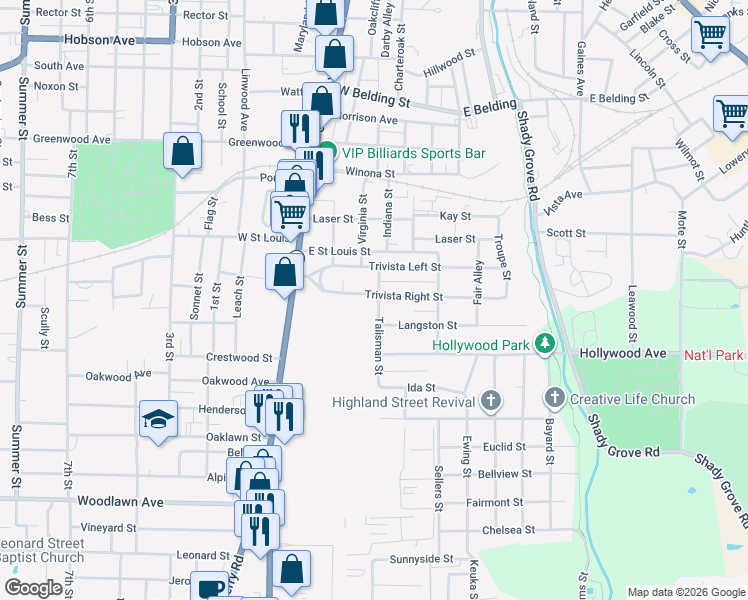 map of restaurants, bars, coffee shops, grocery stores, and more near 125 Trivista Right Street in Hot Springs