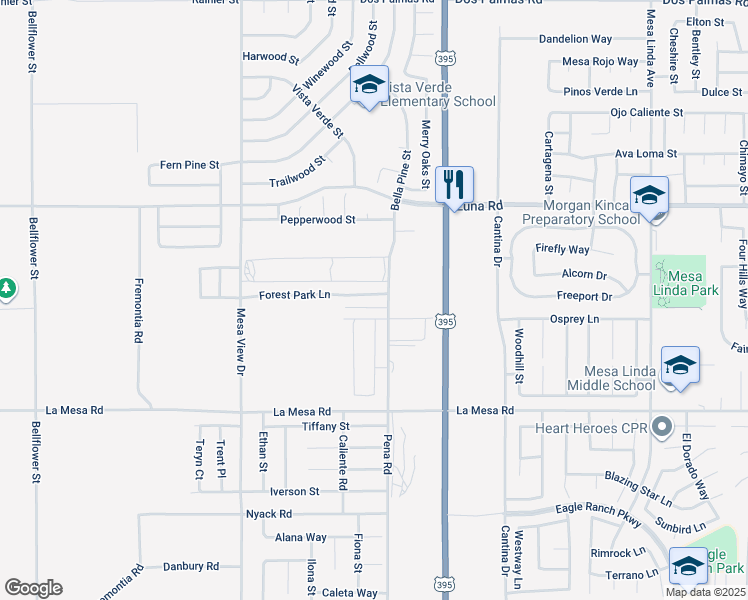 map of restaurants, bars, coffee shops, grocery stores, and more near 11975 Forest Park Lane in Victorville