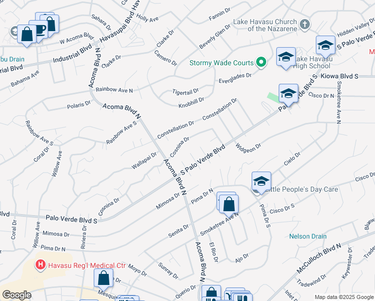 map of restaurants, bars, coffee shops, grocery stores, and more near 445 Snowbird Lane in Lake Havasu City