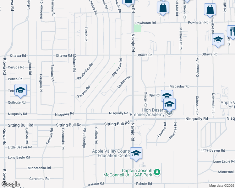 map of restaurants, bars, coffee shops, grocery stores, and more near 13101 Clallam Road in Apple Valley