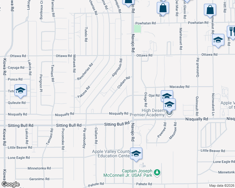 map of restaurants, bars, coffee shops, grocery stores, and more near 13101 Clallam Road in Apple Valley